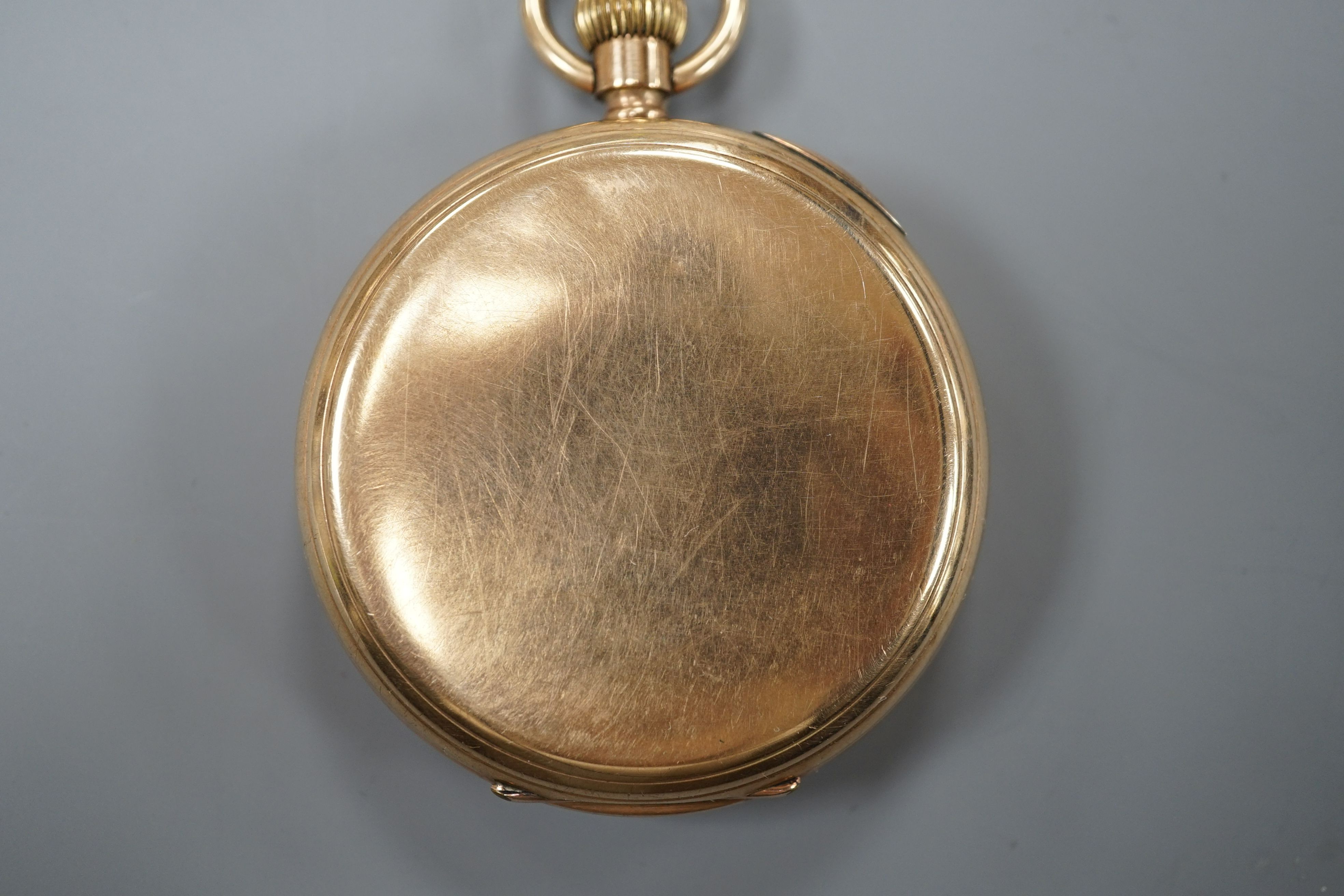 A 9ct gold Waltham keyless pocket watch, with enamelled Roman dial and subsidiary seconds, movement number 20221272, gross 122 grams.